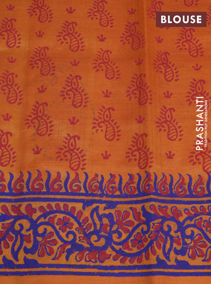 Silk cotton block printed saree orange with butta prints and printed border