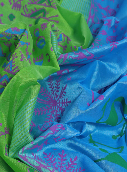 Silk cotton block printed saree light green and light blue with allover warli prints and printed border