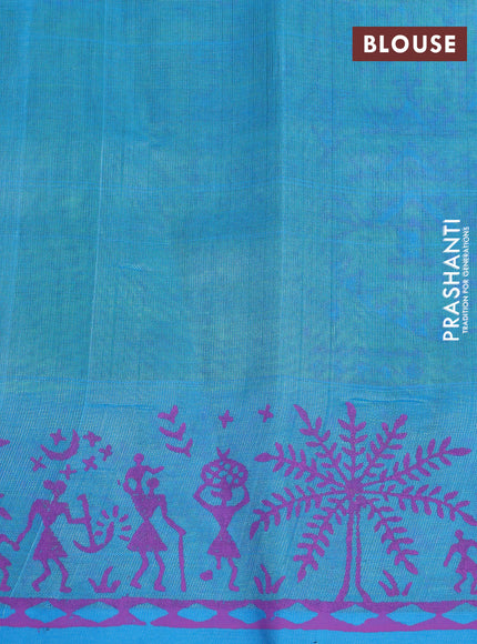 Silk cotton block printed saree light green and light blue with allover warli prints and printed border