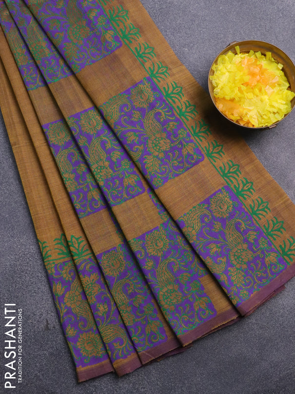 Silk cotton block printed saree olive green and violet shade with allover prints and piping border