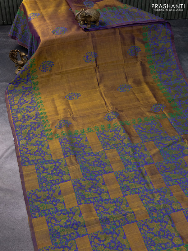 Silk cotton block printed saree olive green and violet shade with allover prints and piping border