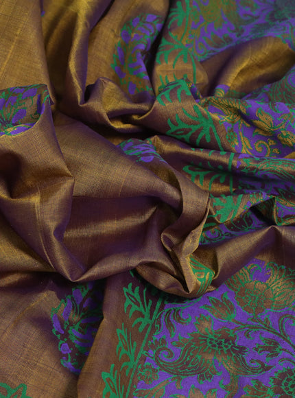 Silk cotton block printed saree olive green and violet shade with allover prints and piping border