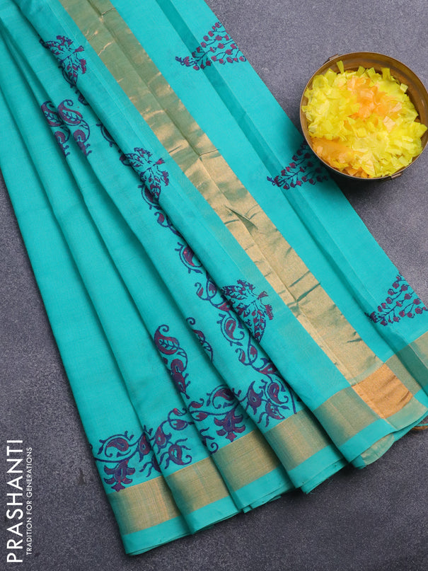 Silk cotton block printed saree teal blue shade with butta prints and zari woven border