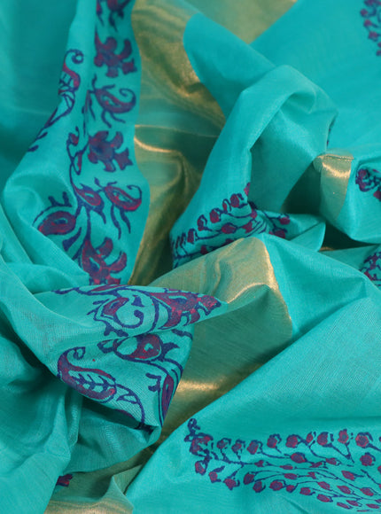 Silk cotton block printed saree teal blue shade with butta prints and zari woven border