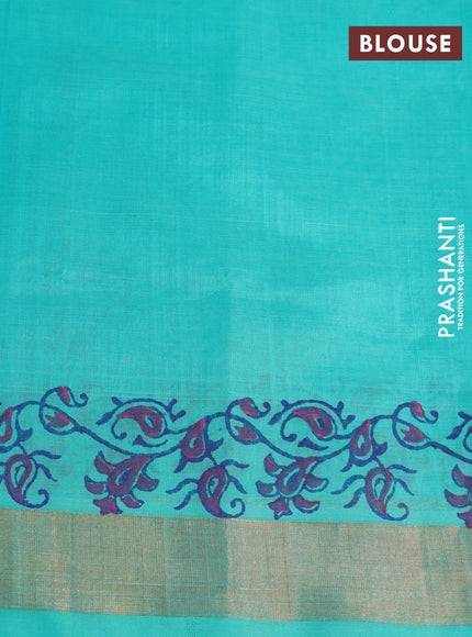 Silk cotton block printed saree teal blue shade with butta prints and zari woven border