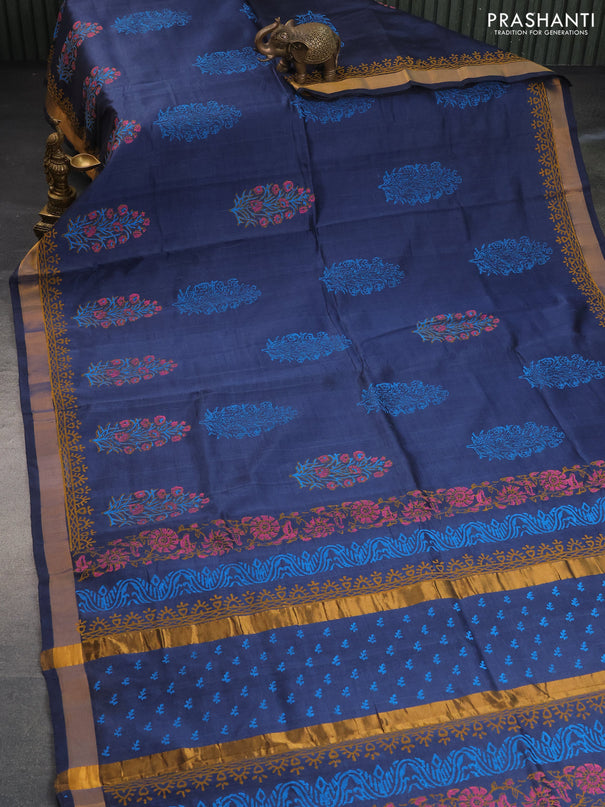 Silk cotton block printed saree elephant grey with butta prints and zari woven border