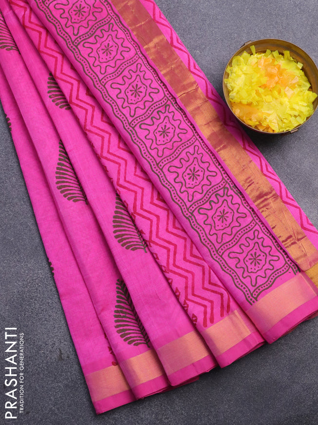 Silk cotton block printed saree candy pink with allover prints and zari woven border