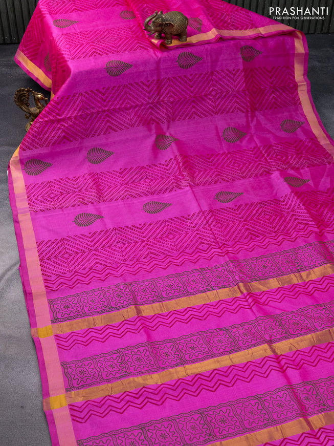 Silk cotton block printed saree candy pink with allover prints and zari woven border