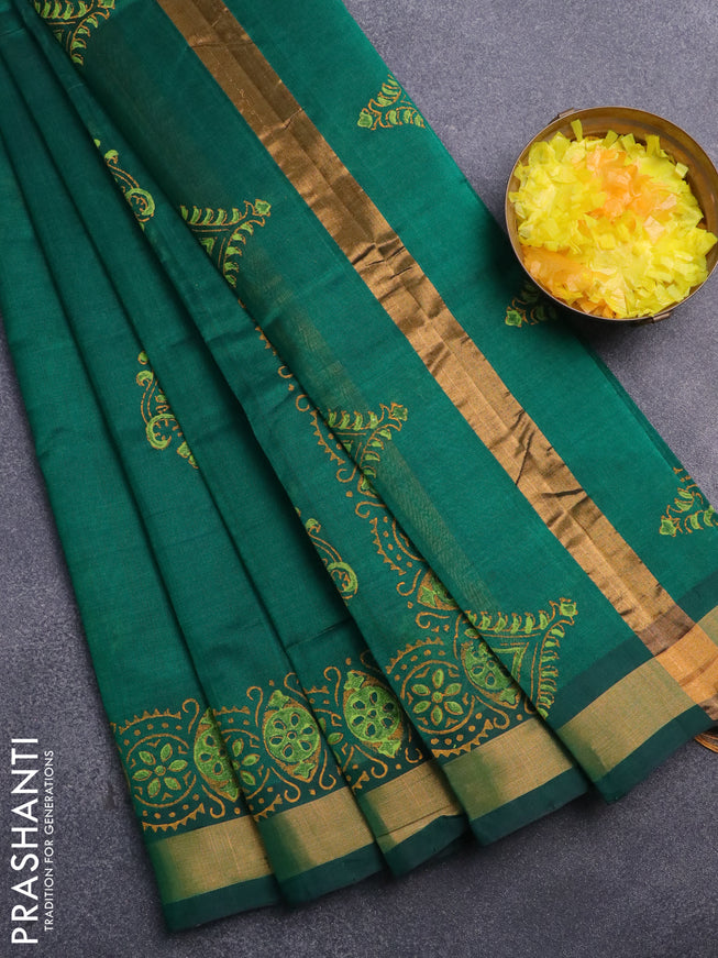 Silk cotton block printed saree green with butta prints and zari woven border