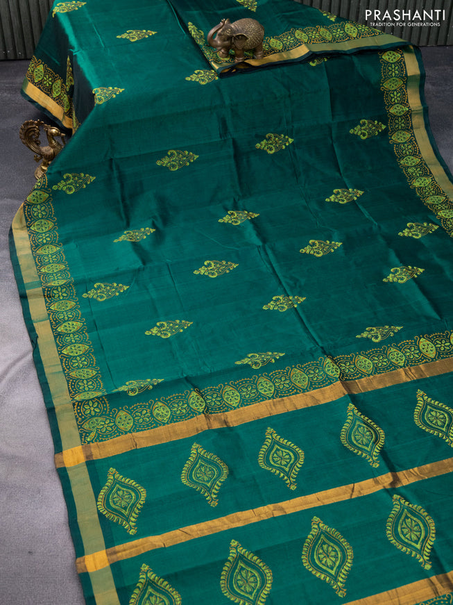 Silk cotton block printed saree green with butta prints and zari woven border