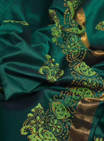 Silk cotton block printed saree green with butta prints and zari woven border