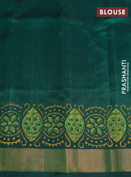 Silk cotton block printed saree green with butta prints and zari woven border