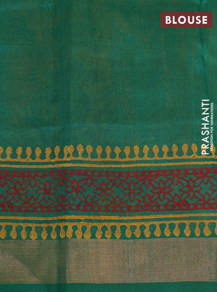 Silk cotton block printed saree mustard yellow and green with allover prints and zari woven border