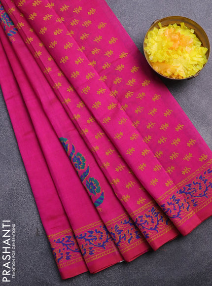 Silk cotton block printed saree pink with floral butta prints and printed border