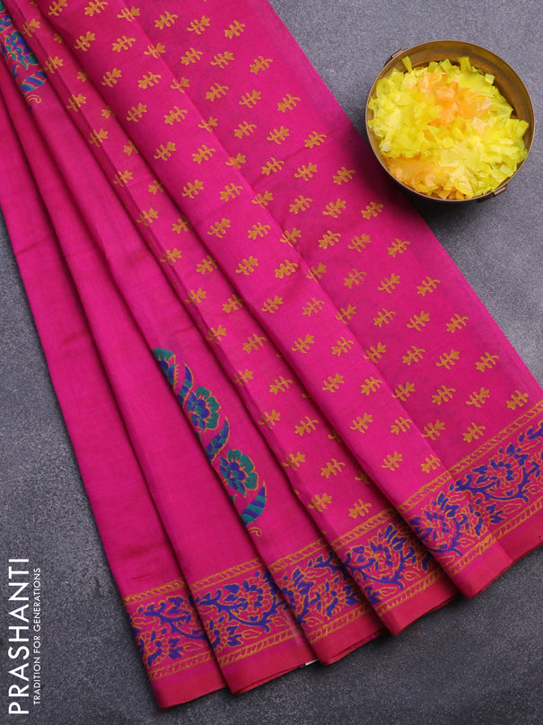 Silk cotton block printed saree pink with floral butta prints and printed border