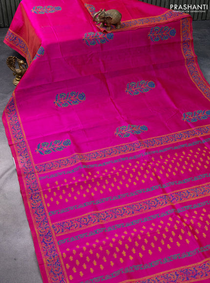 Silk cotton block printed saree pink with floral butta prints and printed border