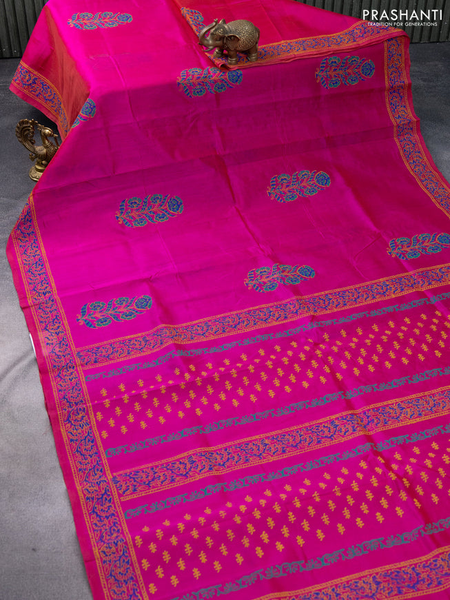 Silk cotton block printed saree pink with floral butta prints and printed border