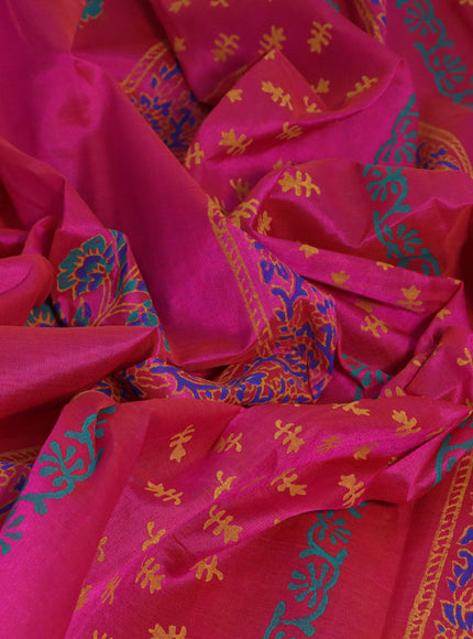 Silk cotton block printed saree pink with floral butta prints and printed border