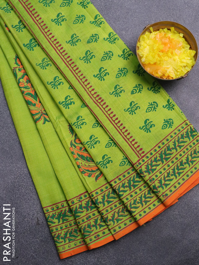 Silk cotton block printed saree light green and orange with butta prints and printed border