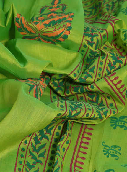 Silk cotton block printed saree light green and orange with butta prints and printed border