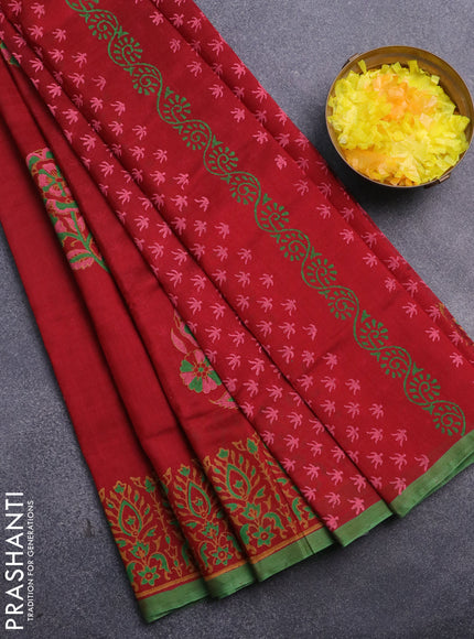 Silk cotton block printed saree maroon and green with floral butta prints and printed border