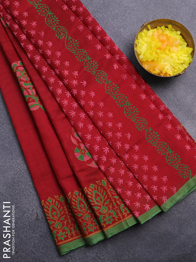 Silk cotton block printed saree maroon and green with floral butta prints and printed border