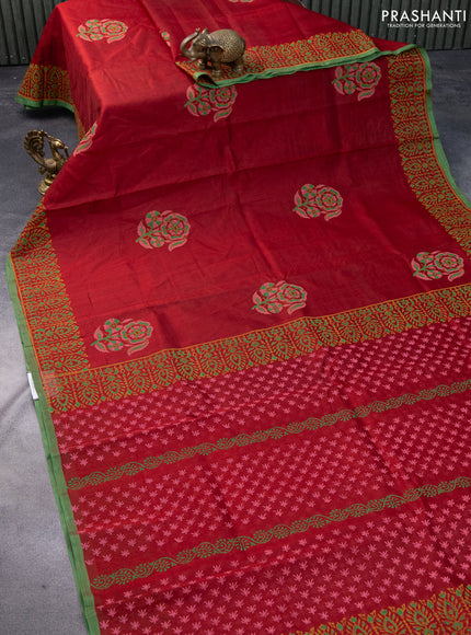 Silk cotton block printed saree maroon and green with floral butta prints and printed border