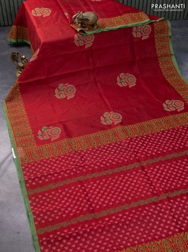 Silk cotton block printed saree maroon and green with floral butta prints and printed border