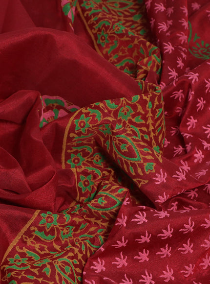 Silk cotton block printed saree maroon and green with floral butta prints and printed border