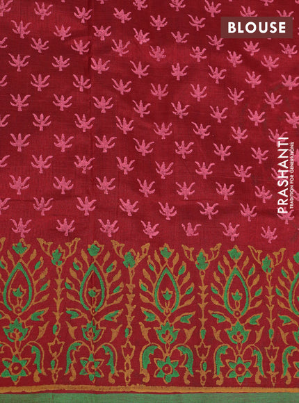 Silk cotton block printed saree maroon and green with floral butta prints and printed border