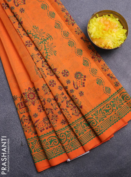 Silk cotton block printed saree orange with butta prints and printed border