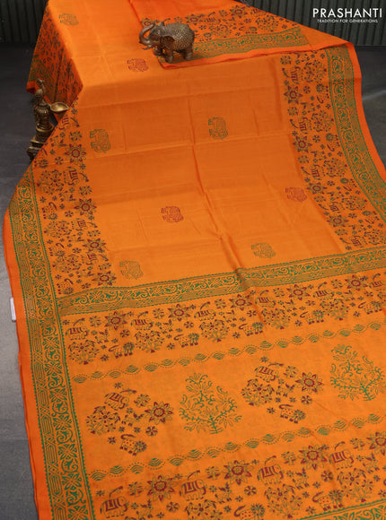 Silk cotton block printed saree orange with butta prints and printed border