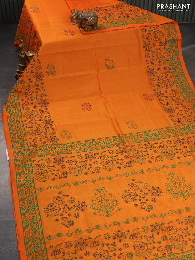 Silk cotton block printed saree orange with butta prints and printed border