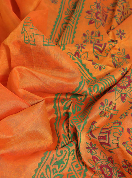 Silk cotton block printed saree orange with butta prints and printed border