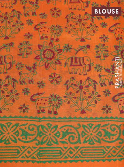 Silk cotton block printed saree orange with butta prints and printed border