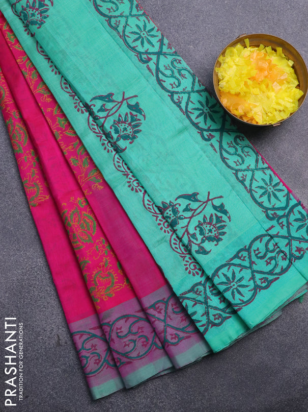 Silk cotton block printed saree pink and teal green shade with allover prints and printed border