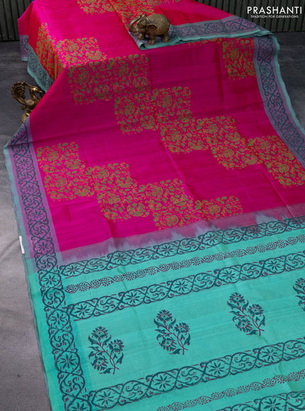 Silk cotton block printed saree pink and teal green shade with allover prints and printed border