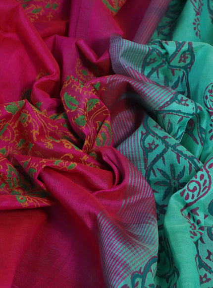 Silk cotton block printed saree pink and teal green shade with allover prints and printed border