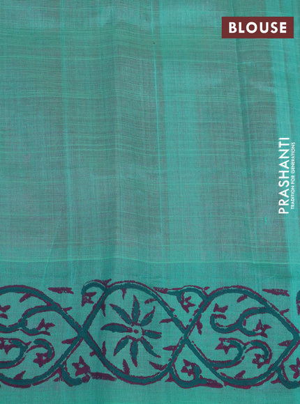 Silk cotton block printed saree pink and teal green shade with allover prints and printed border