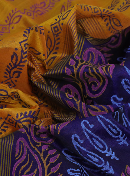 Silk cotton block printed saree mustard yellow and blue with allover prints and printed border