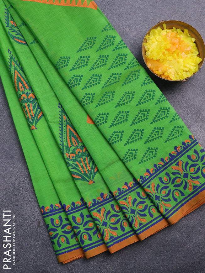 Silk cotton block printed saree parrot green and orange with butta prints and printed border