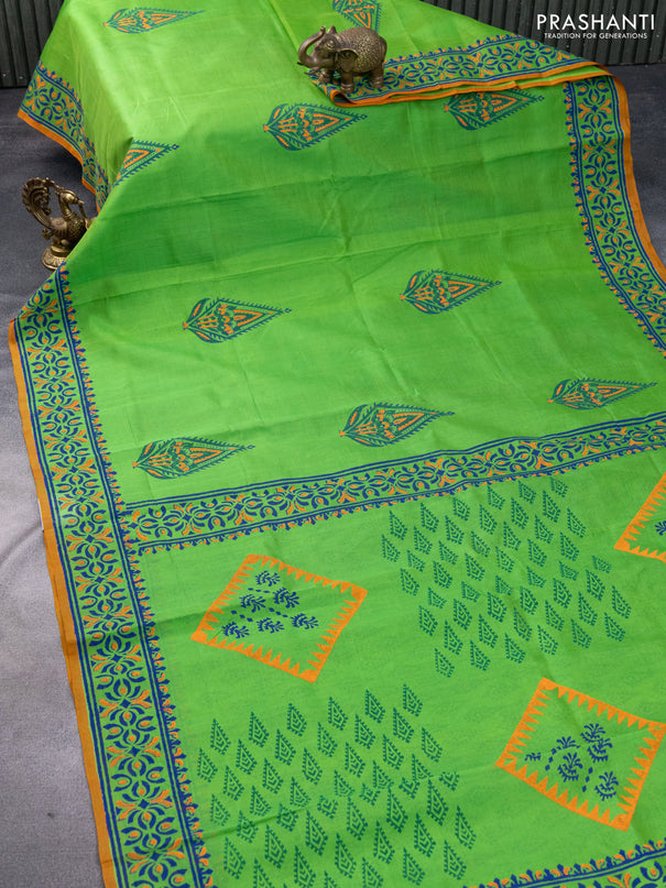 Silk cotton block printed saree parrot green and orange with butta prints and printed border