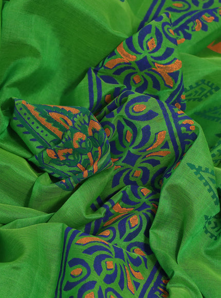 Silk cotton block printed saree parrot green and orange with butta prints and printed border