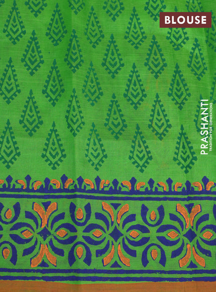 Silk cotton block printed saree parrot green and orange with butta prints and printed border