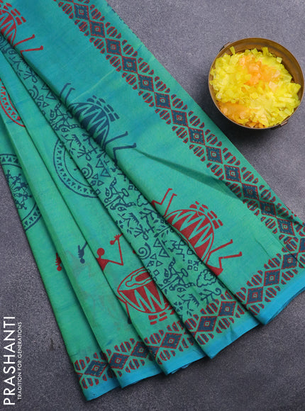 Silk cotton block printed saree teal bluish green with warli butta prints and printed border