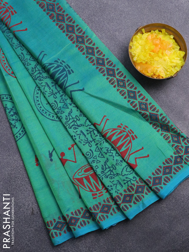 Silk cotton block printed saree teal bluish green with warli butta prints and printed border