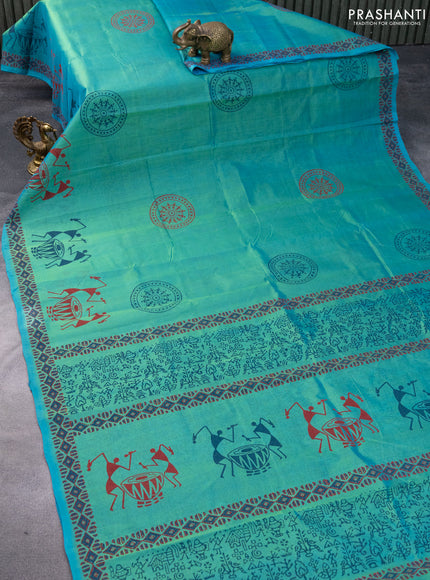 Silk cotton block printed saree teal bluish green with warli butta prints and printed border