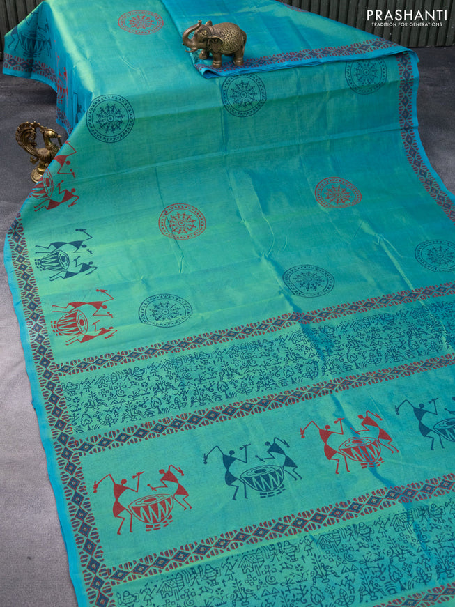 Silk cotton block printed saree teal bluish green with warli butta prints and printed border