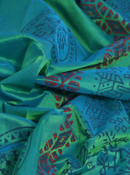 Silk cotton block printed saree teal bluish green with warli butta prints and printed border