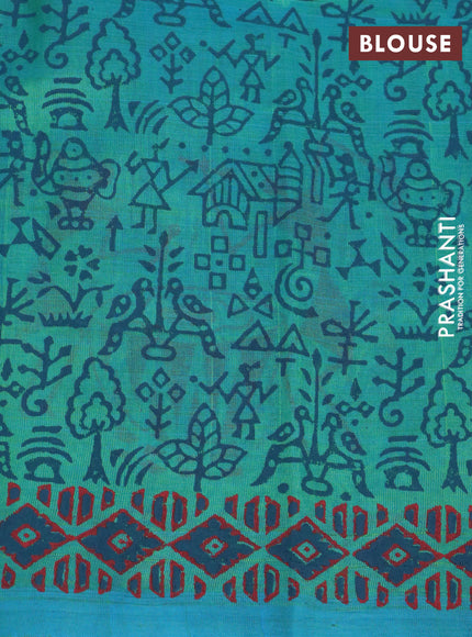 Silk cotton block printed saree teal bluish green with warli butta prints and printed border